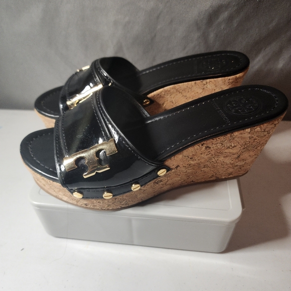 Tory Burch Black and Gold Wedge Sandals - Picture 2 of 6
